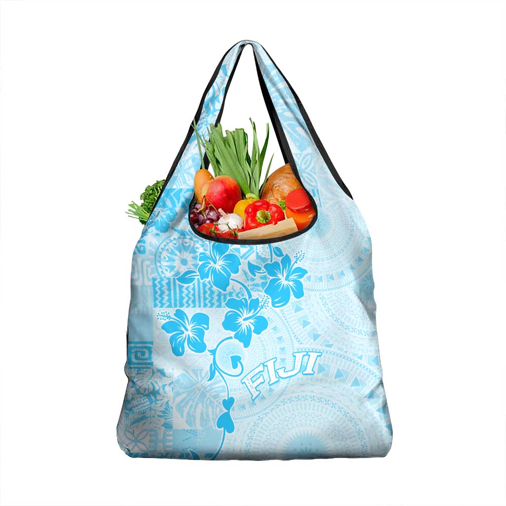 Fiji Masi With Hibiscus Tapa Tribal Grocery Bag Sky Blue Pastel