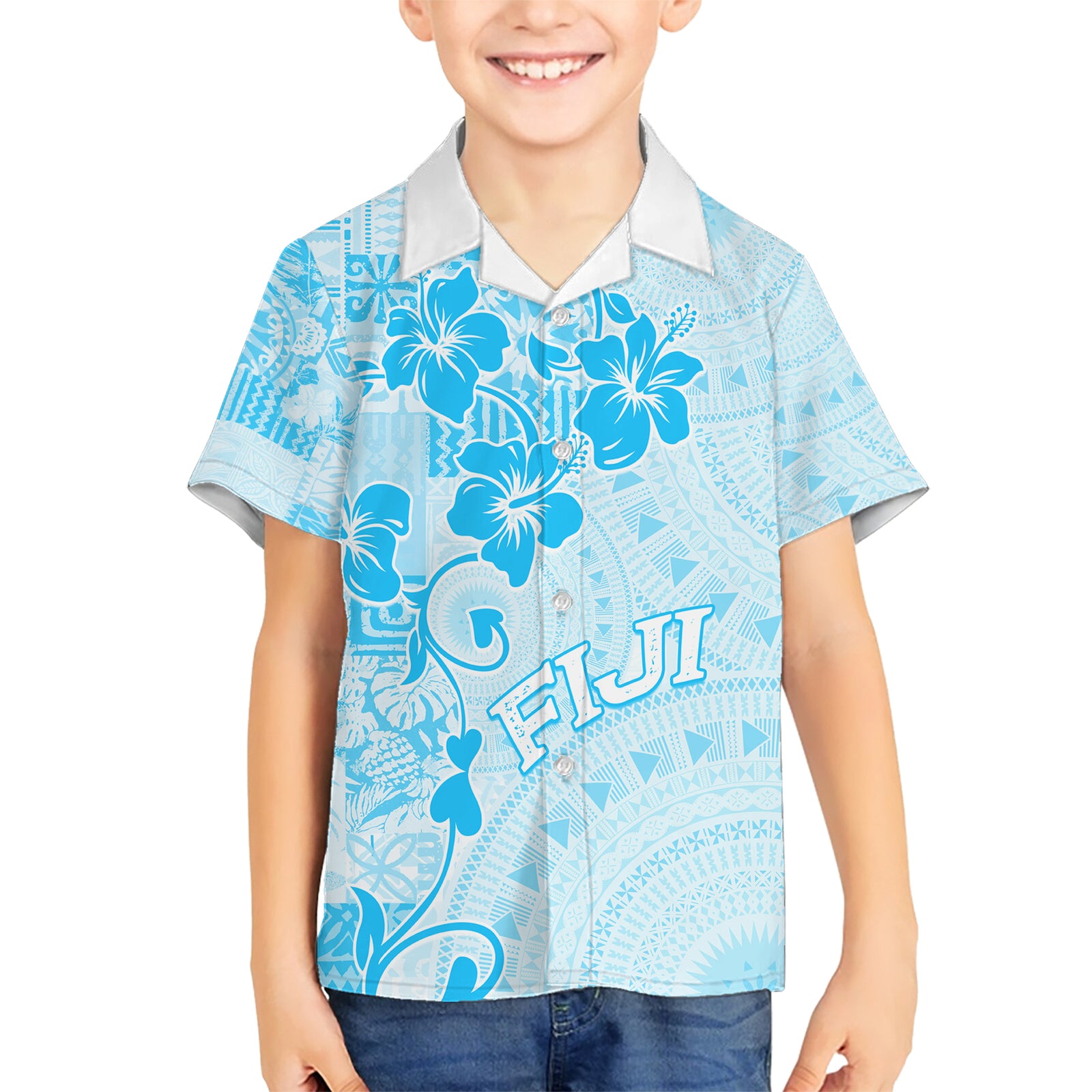 Fiji Masi With Hibiscus Tapa Tribal Kid Hawaiian Shirt Sky Blue Pastel LT01 Kid Blue - Polynesian Pride