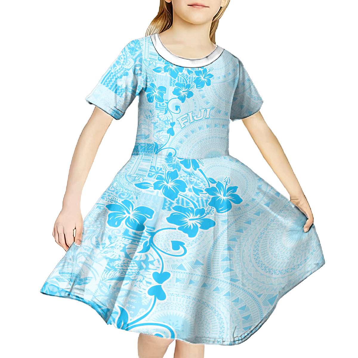 Fiji Masi With Hibiscus Tapa Tribal Kid Short Sleeve Dress Sky Blue Pastel LT01 - Polynesian Pride