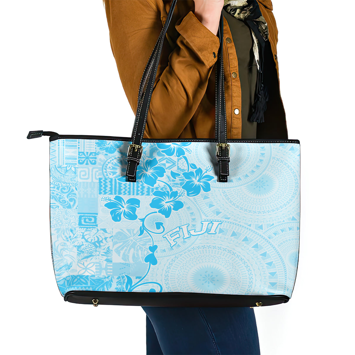 Fiji Masi With Hibiscus Tapa Tribal Leather Tote Bag Sky Blue Pastel LT01 - Polynesian Pride