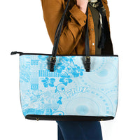 Fiji Masi With Hibiscus Tapa Tribal Leather Tote Bag Sky Blue Pastel LT01 - Polynesian Pride