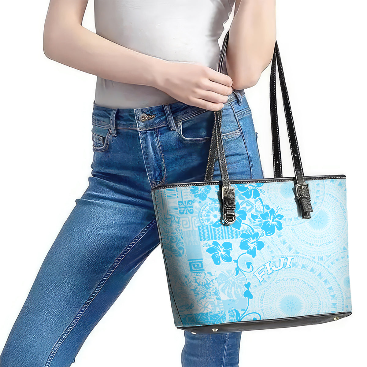 Fiji Masi With Hibiscus Tapa Tribal Leather Tote Bag Sky Blue Pastel LT01 - Polynesian Pride