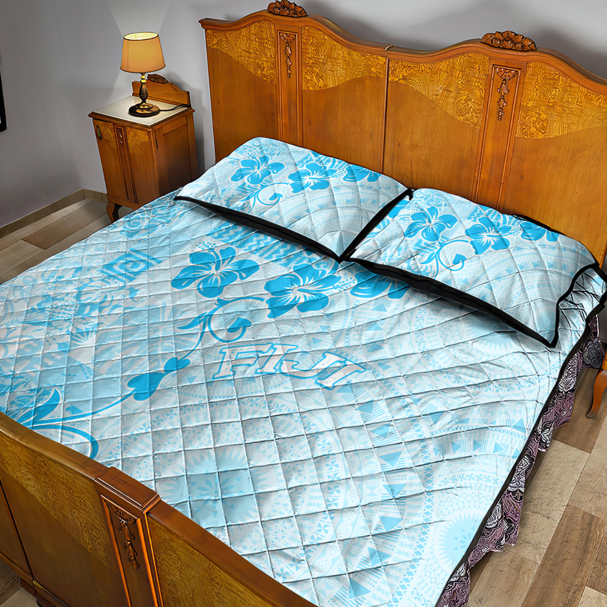 Fiji Masi With Hibiscus Tapa Tribal Quilt Bed Set Sky Blue Pastel LT01 - Polynesian Pride