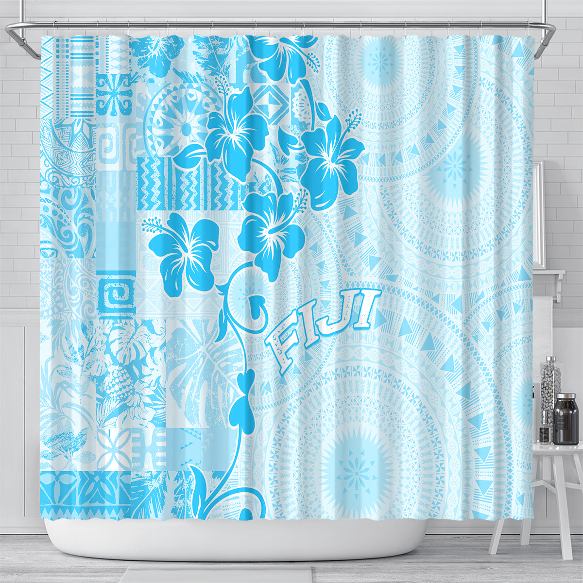 Fiji Masi With Hibiscus Tapa Tribal Shower Curtain Sky Blue Pastel LT01 - Polynesian Pride