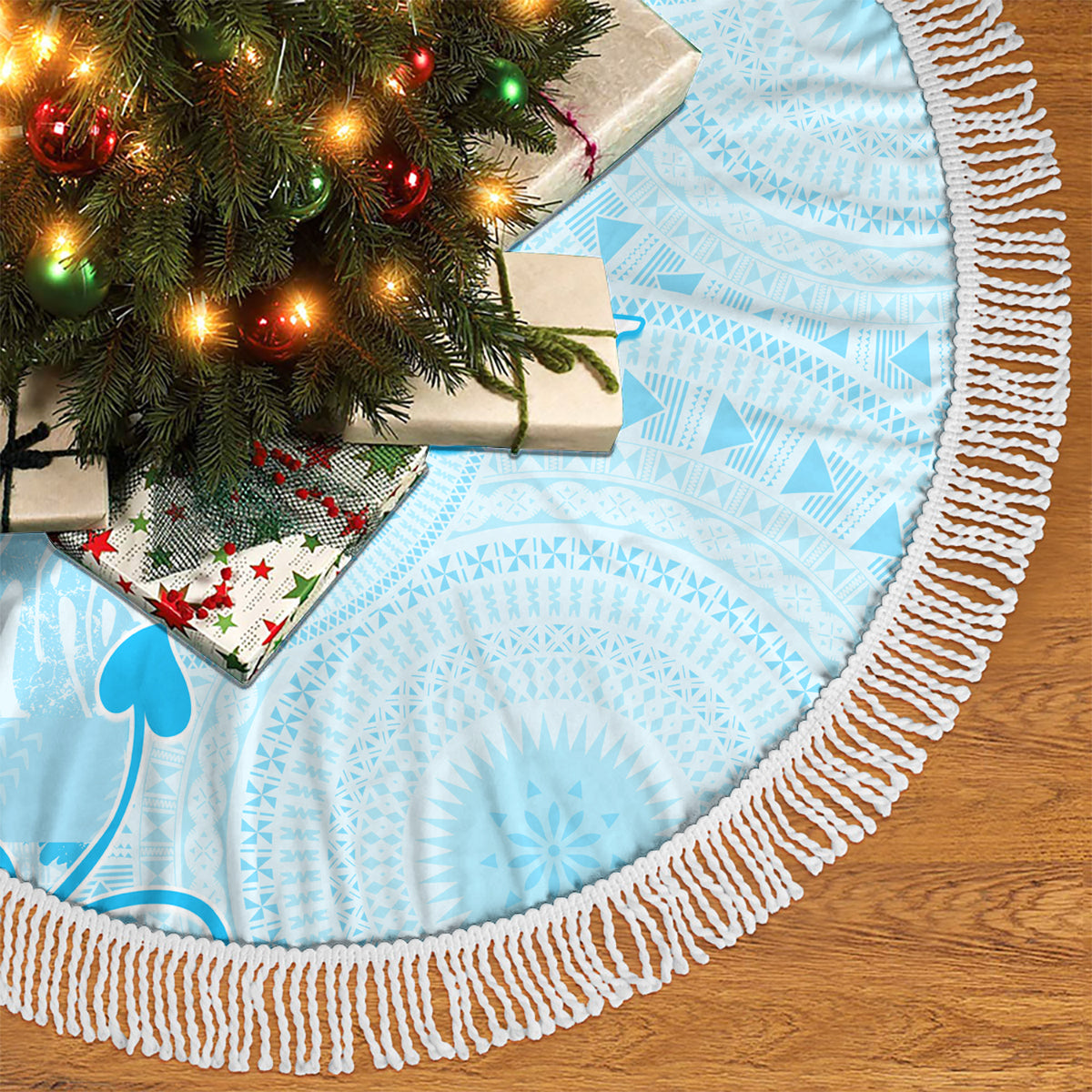 Fiji Masi With Hibiscus Tapa Tribal Tree Skirt Sky Blue Pastel LT01 - Polynesian Pride