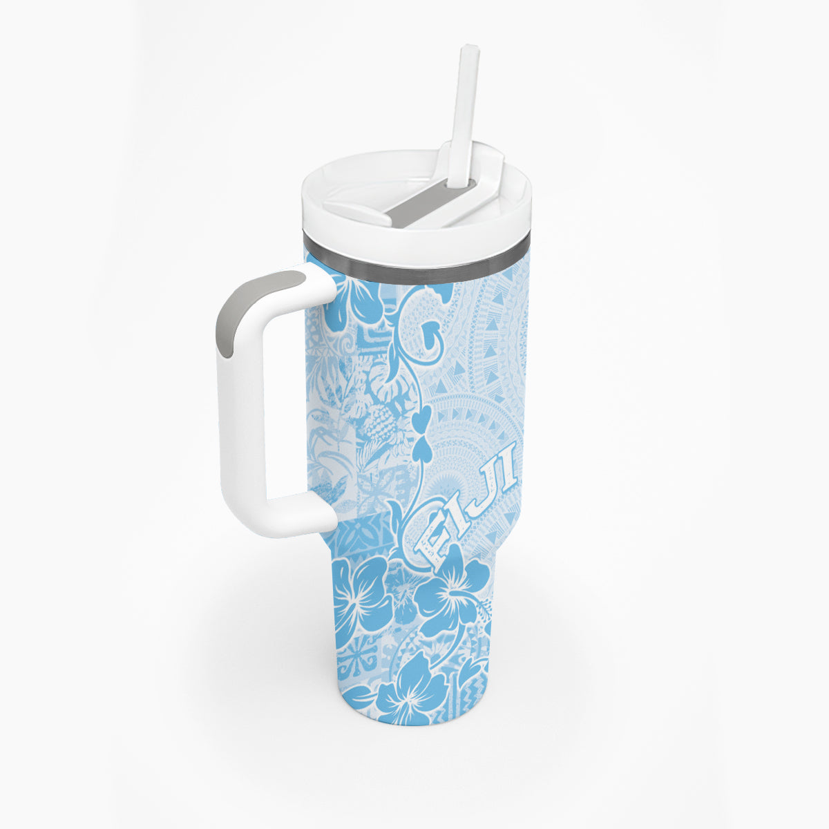 Fiji Masi With Hibiscus Tapa Tribal Tumbler With Handle Sky Blue Pastel