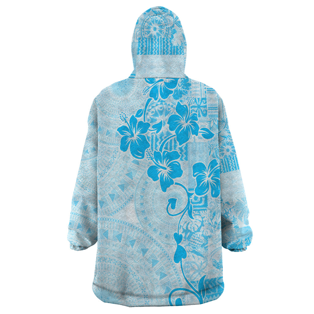 Fiji Masi With Hibiscus Tapa Tribal Wearable Blanket Hoodie Sky Blue Pastel LT01 - Polynesian Pride