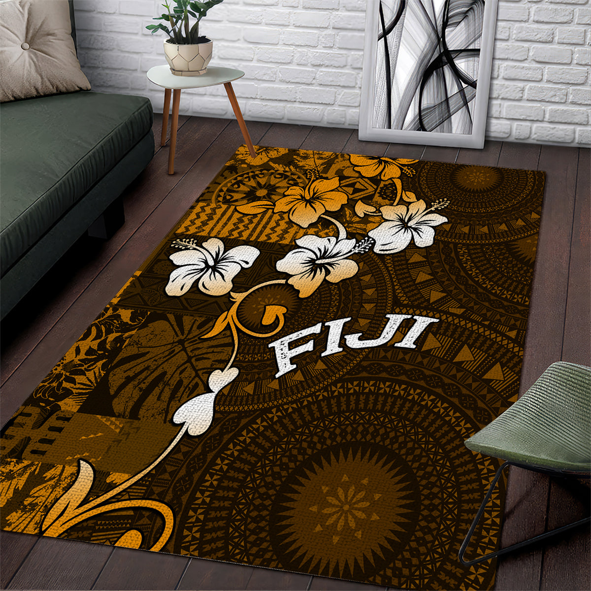 Fiji Masi With Hibiscus Tapa Tribal Area Rug Gold Version LT01 Gold - Polynesian Pride