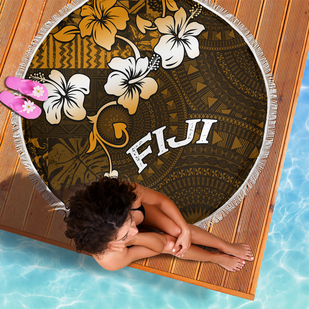 Fiji Masi With Hibiscus Tapa Tribal Beach Blanket Gold Version LT01 - Polynesian Pride