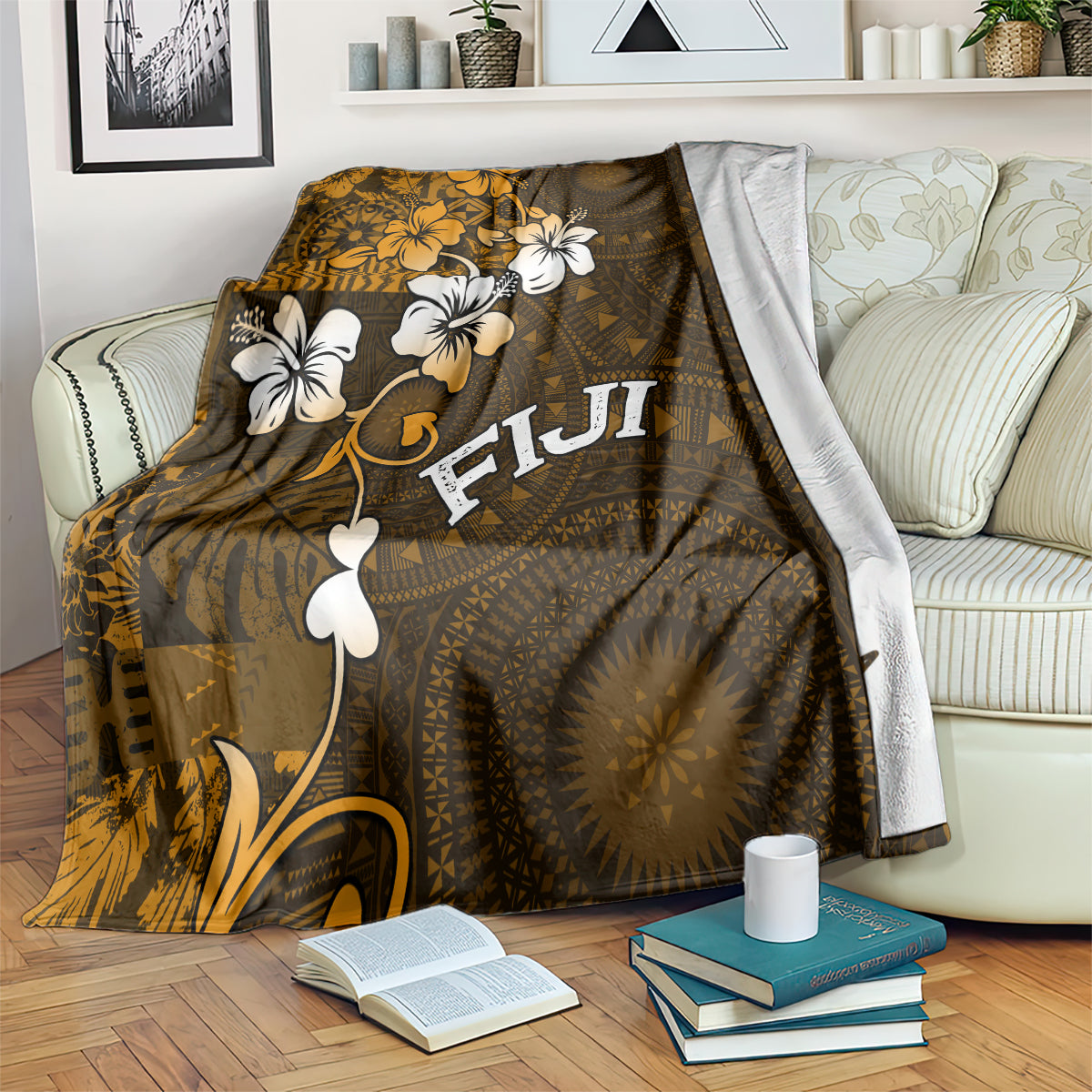 Fiji Masi With Hibiscus Tapa Tribal Blanket Gold Version LT01 - Polynesian Pride
