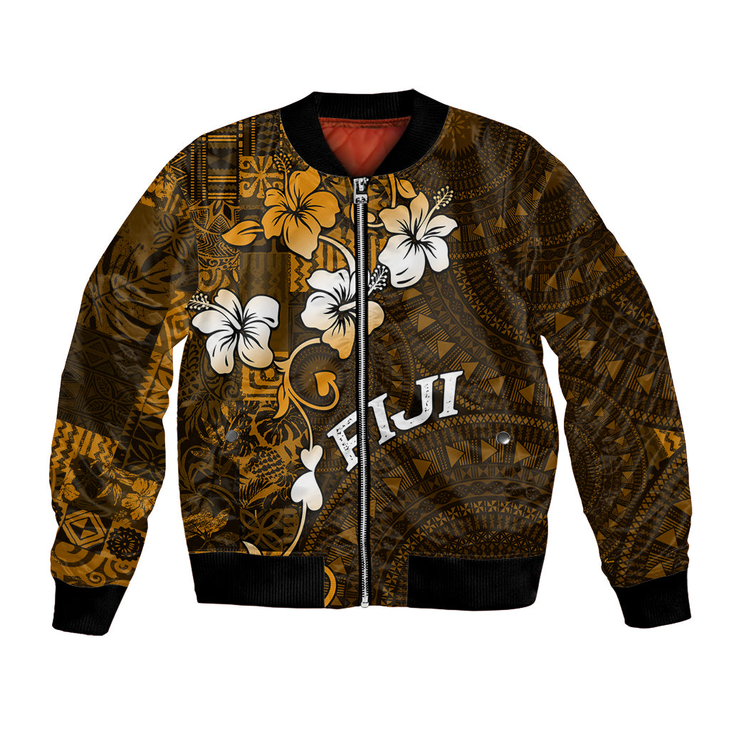 Fiji Masi With Hibiscus Tapa Tribal Bomber Jacket Gold Version LT01 Unisex Gold - Polynesian Pride