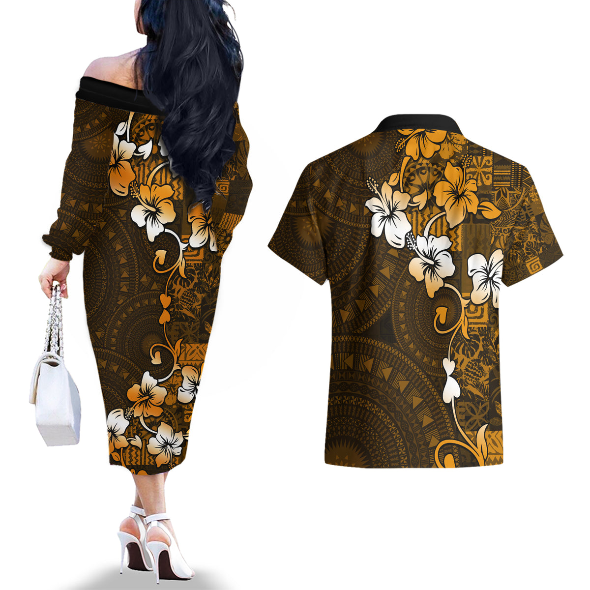 Fiji Masi With Hibiscus Tapa Tribal Couples Matching Off The Shoulder Long Sleeve Dress and Hawaiian Shirt Gold Version LT01 - Polynesian Pride