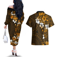 Fiji Masi With Hibiscus Tapa Tribal Couples Matching Off The Shoulder Long Sleeve Dress and Hawaiian Shirt Gold Version LT01 - Polynesian Pride
