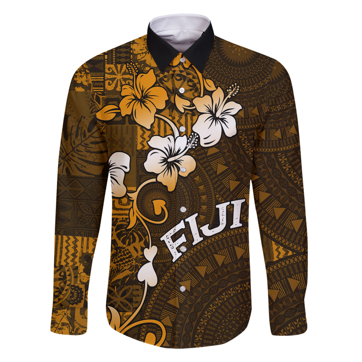 Fiji Masi With Hibiscus Tapa Tribal Family Matching Tank Maxi Dress and Hawaiian Shirt Gold Version LT01 Dad's Shirt - Long Sleeve Gold - Polynesian Pride