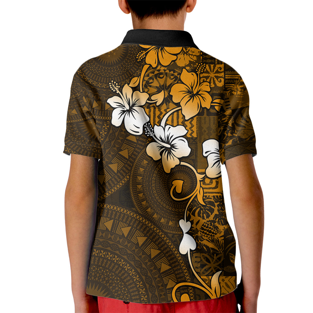 Fiji Masi With Hibiscus Tapa Tribal Kid Polo Shirt Gold Version LT01 - Polynesian Pride