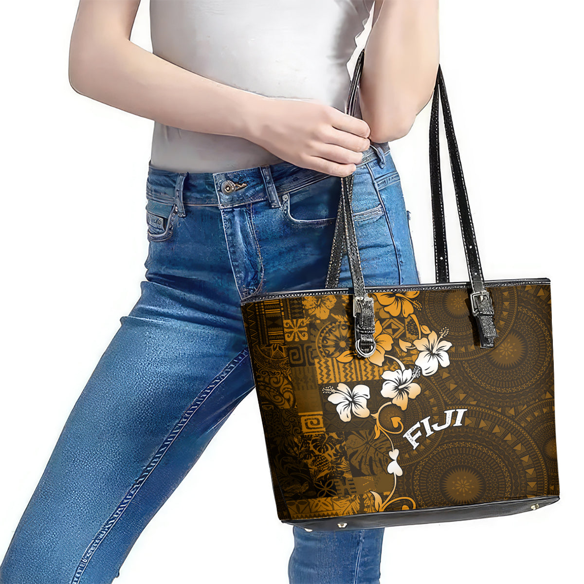 Fiji Masi With Hibiscus Tapa Tribal Leather Tote Bag Gold Version LT01 - Polynesian Pride