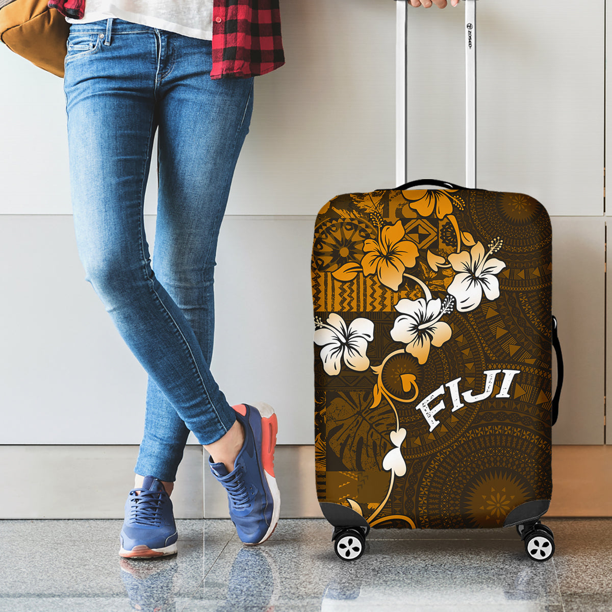 Fiji Masi With Hibiscus Tapa Tribal Luggage Cover Gold Version LT01 - Polynesian Pride