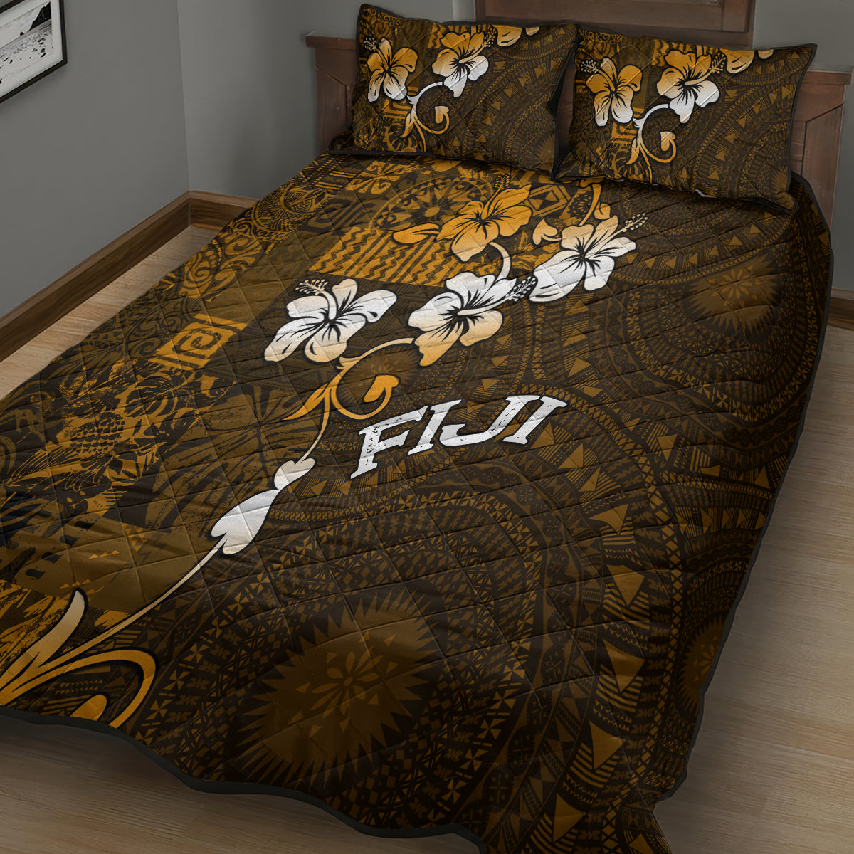 Fiji Masi With Hibiscus Tapa Tribal Quilt Bed Set Gold Version LT01 - Polynesian Pride
