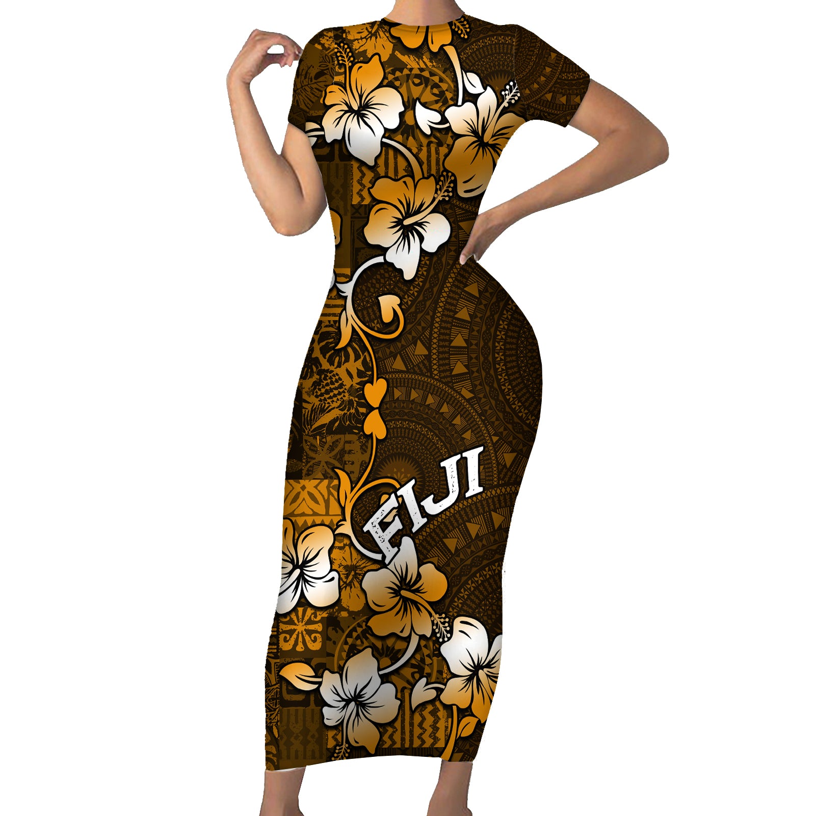 Fiji Masi With Hibiscus Tapa Tribal Short Sleeve Bodycon Dress Gold Version LT01 Long Dress Gold - Polynesian Pride