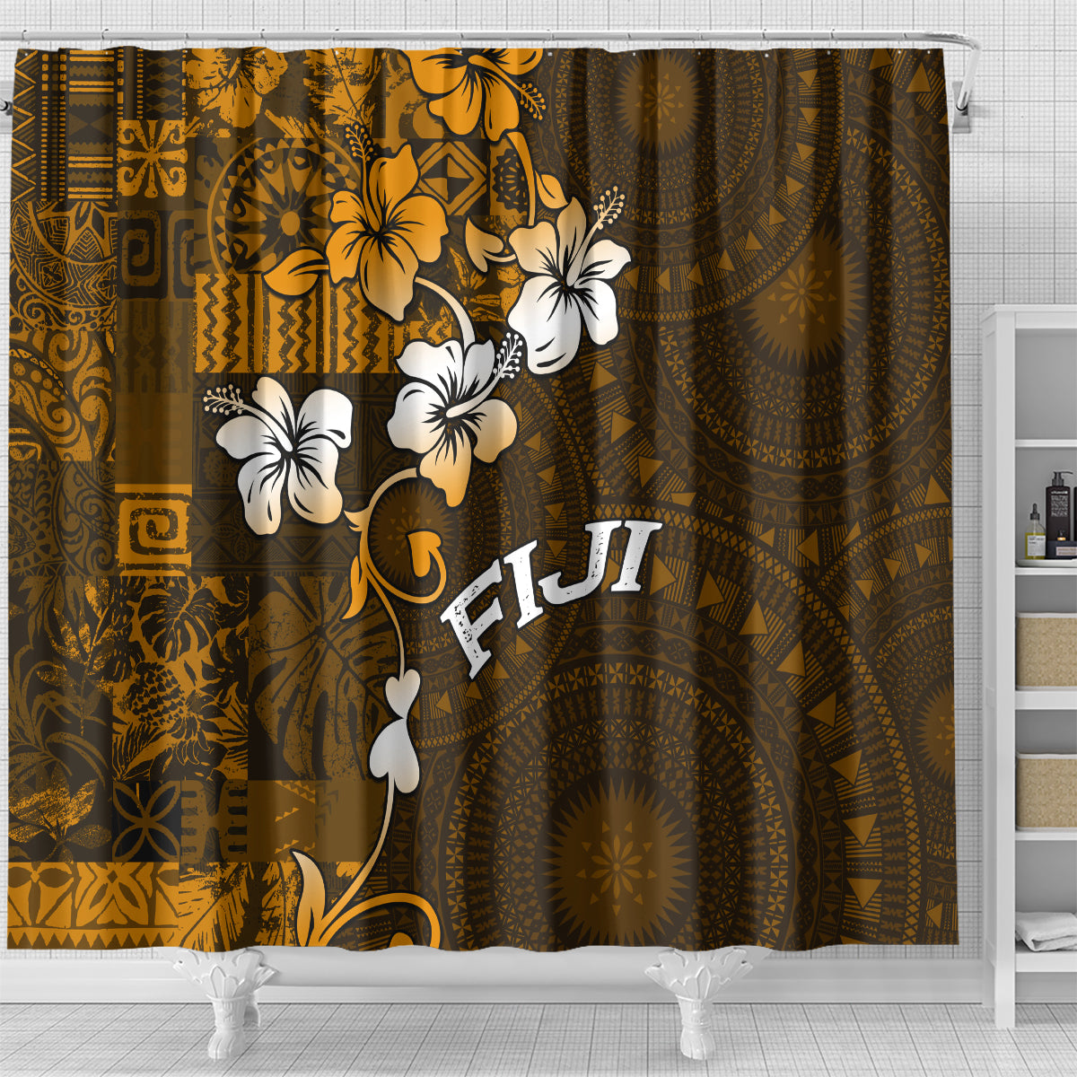 Fiji Masi With Hibiscus Tapa Tribal Shower Curtain Gold Version LT01 - Polynesian Pride
