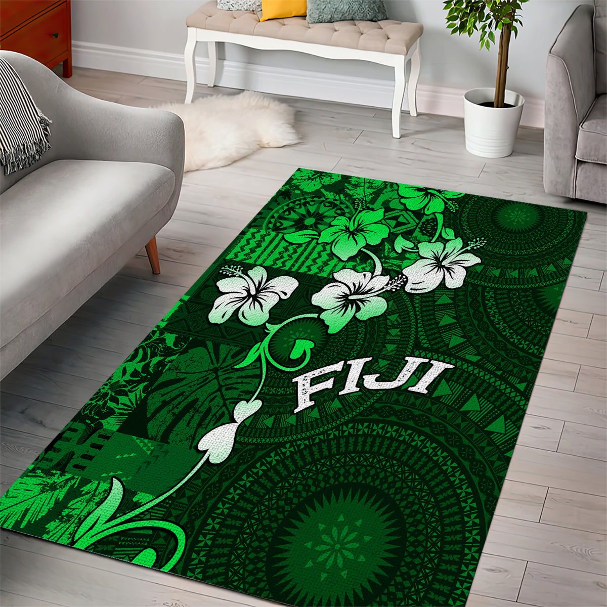 Fiji Masi Area Rug Fijian Hibiscus Tapa Green Version LT01 - Polynesian Pride