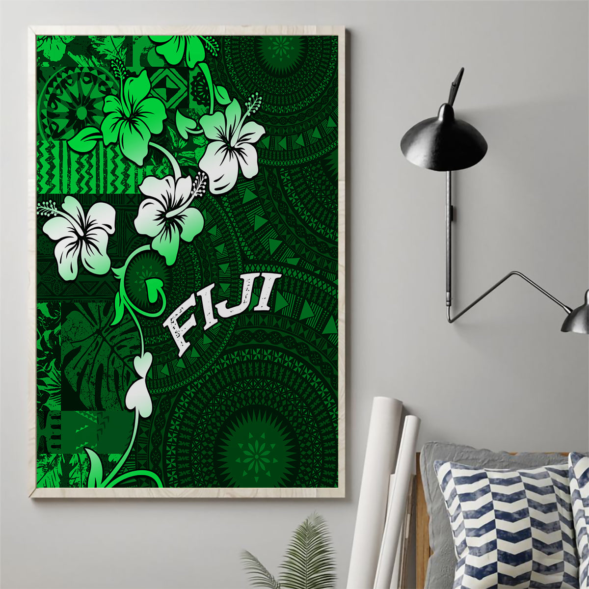 Fiji Masi Canvas Wall Art Fijian Hibiscus Tapa Green Version LT01 - Polynesian Pride