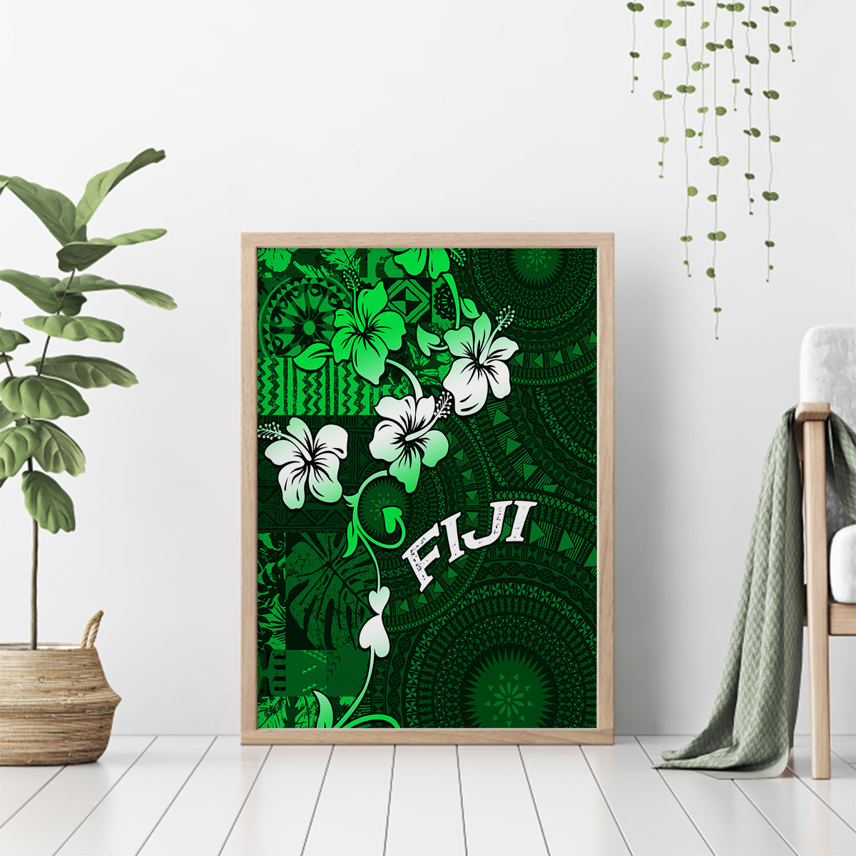 Fiji Masi Canvas Wall Art Fijian Hibiscus Tapa Green Version LT01 - Polynesian Pride