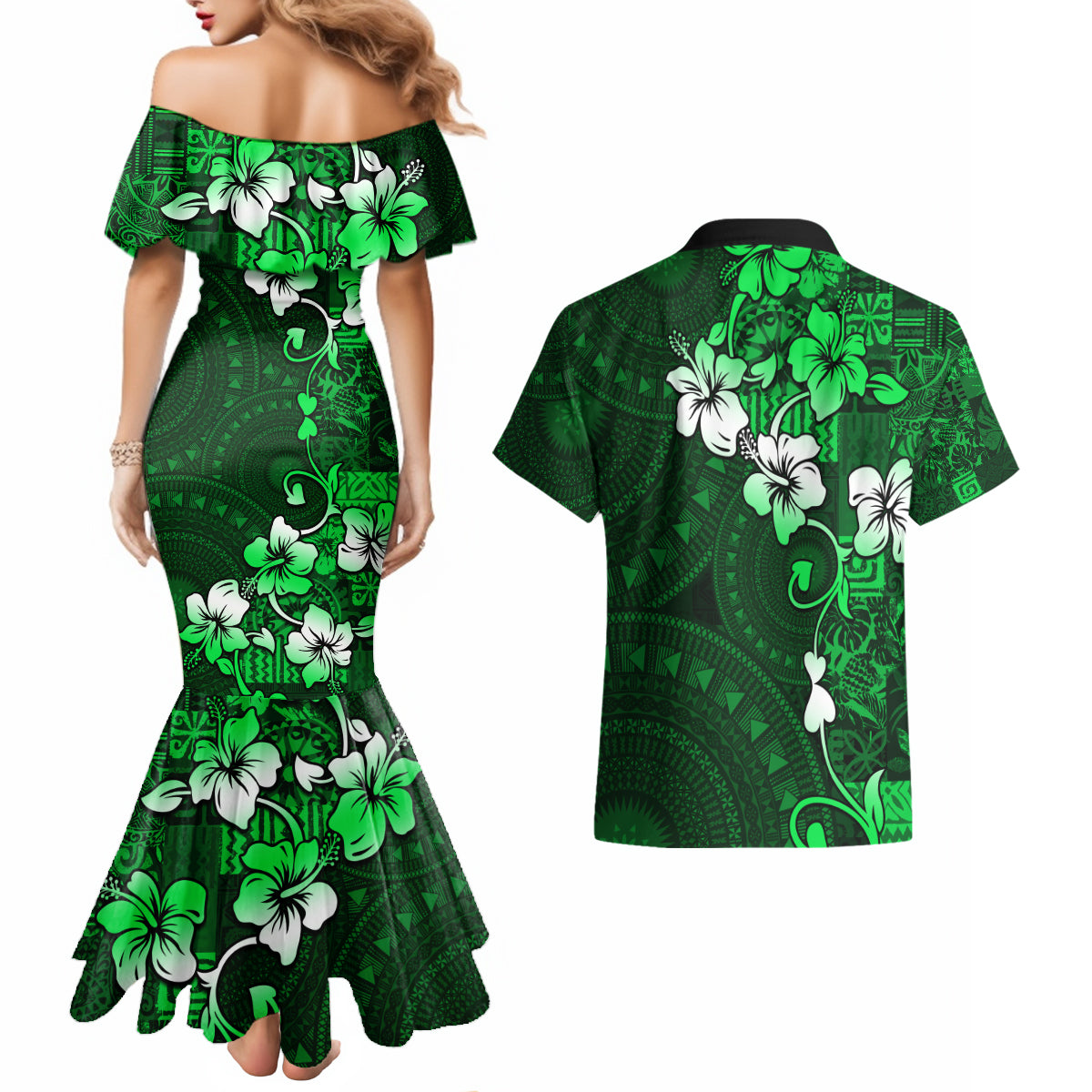 Fiji Masi Couples Matching Mermaid Dress and Hawaiian Shirt Fijian Hibiscus Tapa Green Version LT01 - Polynesian Pride