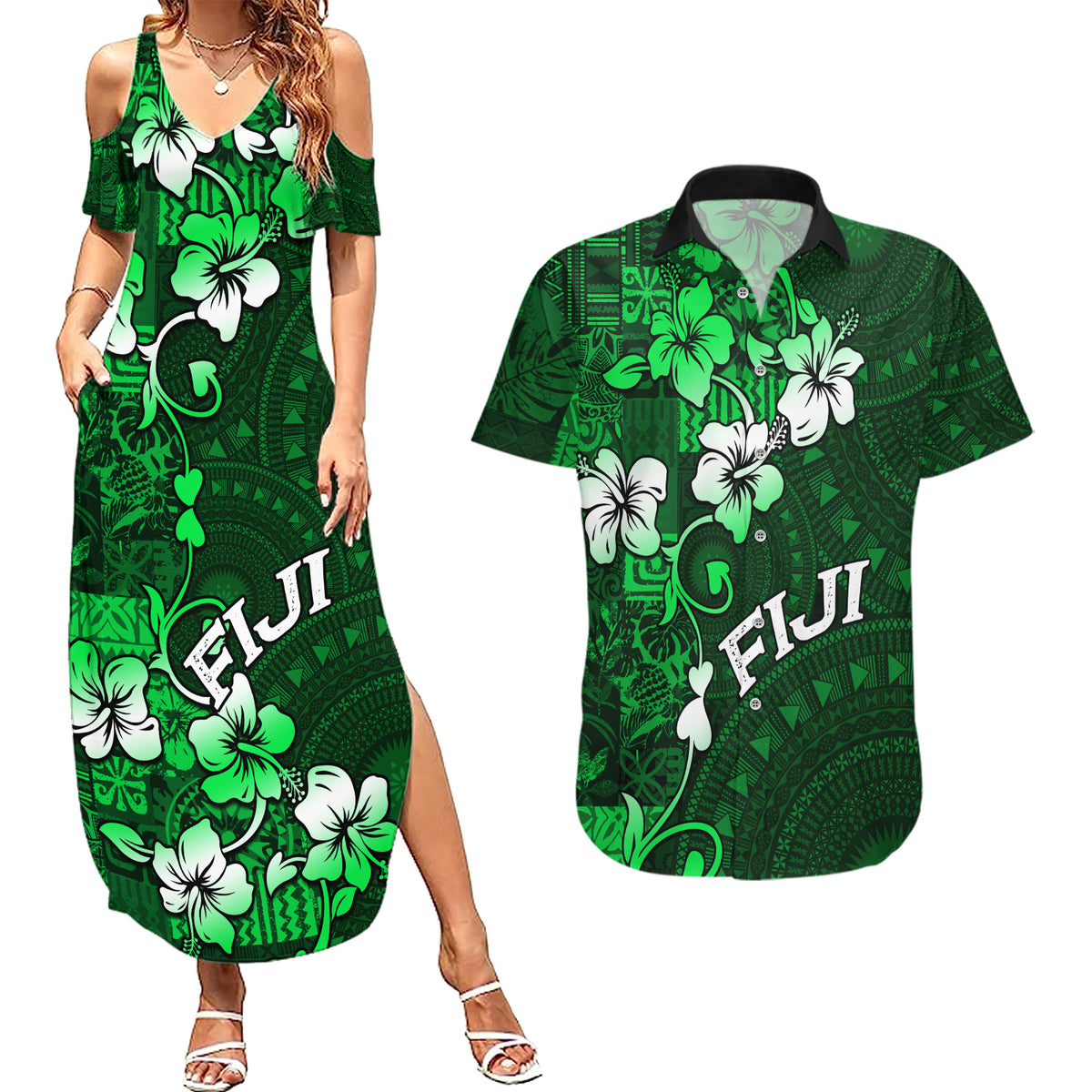 Fiji Masi Couples Matching Summer Maxi Dress and Hawaiian Shirt Fijian Hibiscus Tapa Green Version LT01 Green - Polynesian Pride
