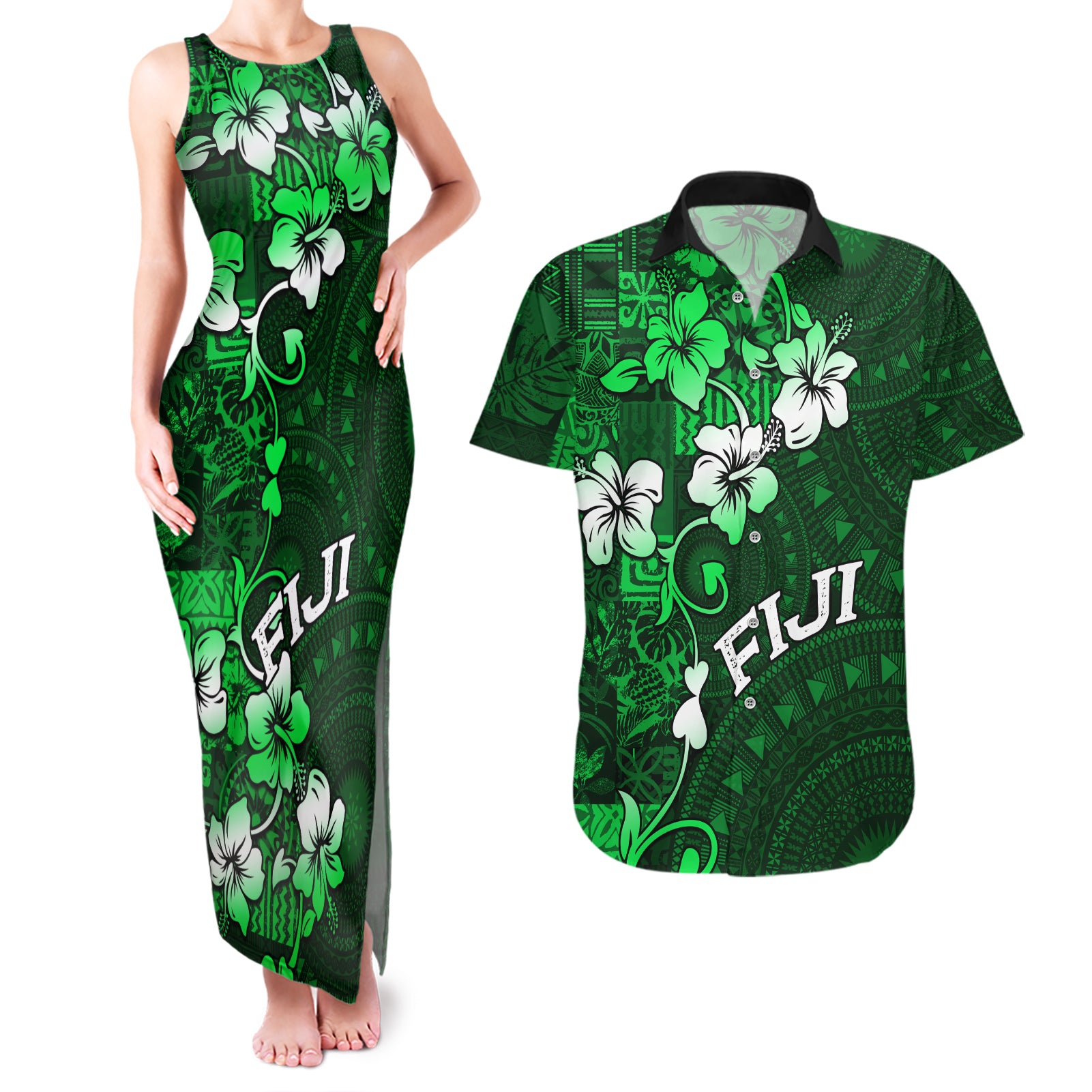 Fiji Masi Couples Matching Tank Maxi Dress and Hawaiian Shirt Fijian Hibiscus Tapa Green Version LT01 Green - Polynesian Pride