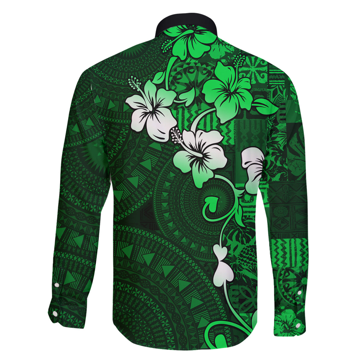 Fiji Masi Family Matching Off Shoulder Long Sleeve Dress and Hawaiian Shirt Fijian Hibiscus Tapa Green Version LT01 - Polynesian Pride