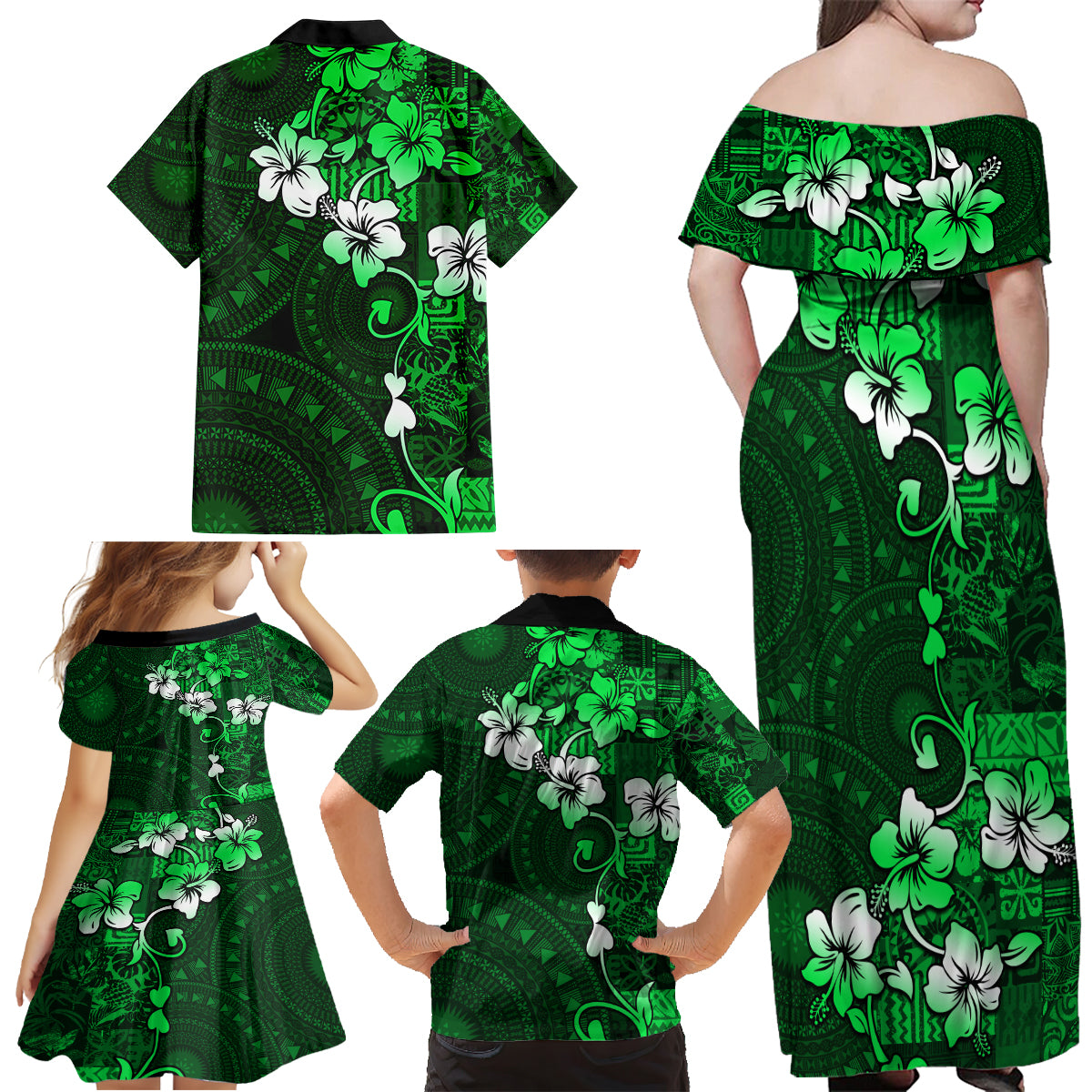 Fiji Masi Family Matching Off Shoulder Maxi Dress and Hawaiian Shirt Fijian Hibiscus Tapa Green Version LT01 - Polynesian Pride