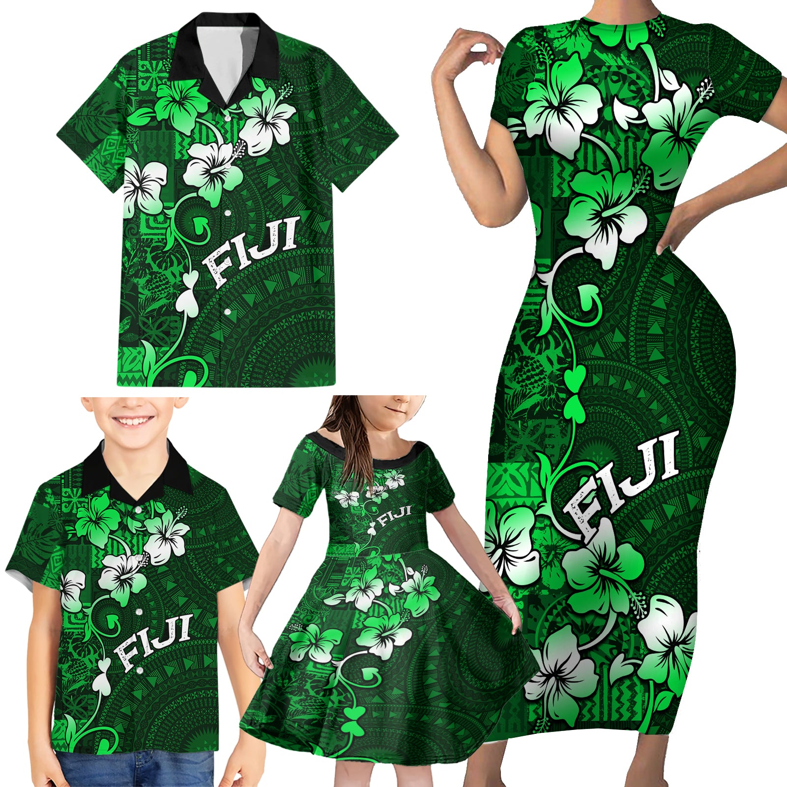 Fiji Masi Family Matching Short Sleeve Bodycon Dress and Hawaiian Shirt Fijian Hibiscus Tapa Green Version LT01 - Polynesian Pride