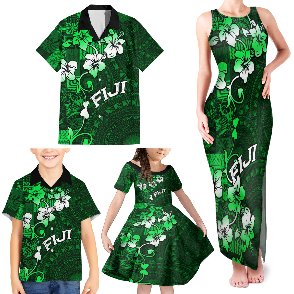 Fiji Masi Family Matching Tank Maxi Dress and Hawaiian Shirt Fijian Hibiscus Tapa Green Version LT01 - Polynesian Pride