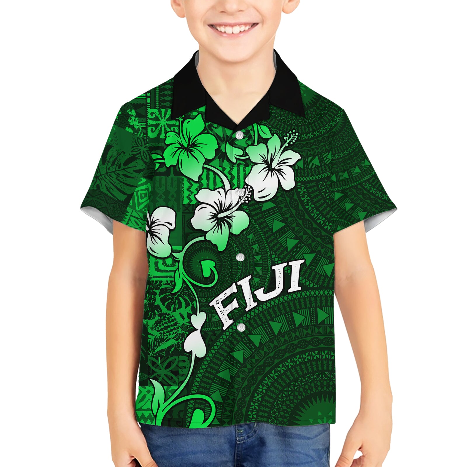 Fiji Masi Kid Hawaiian Shirt Fijian Hibiscus Tapa Green Version LT01 Kid Green - Polynesian Pride