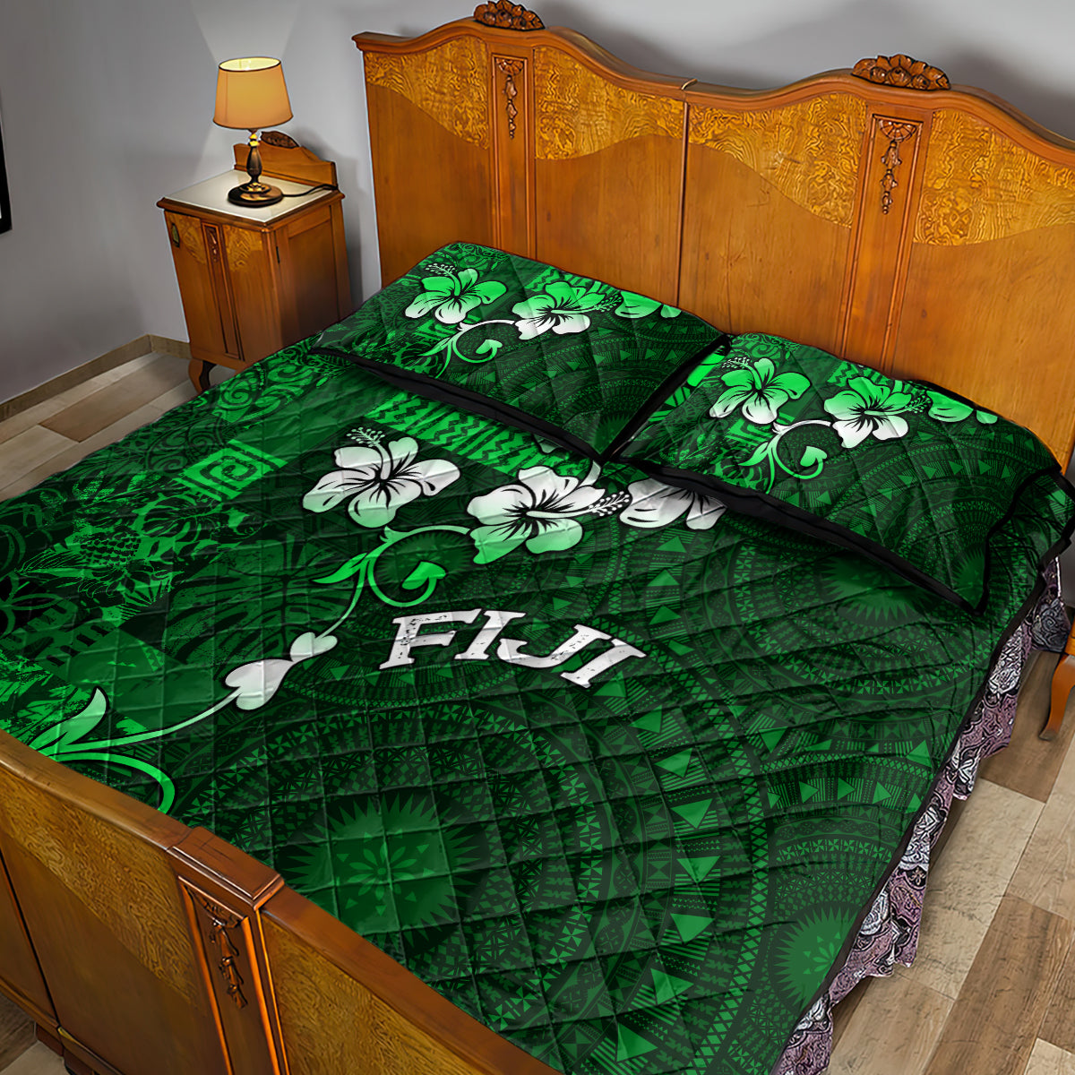 Fiji Masi Quilt Bed Set Fijian Hibiscus Tapa Green Version LT01 - Polynesian Pride