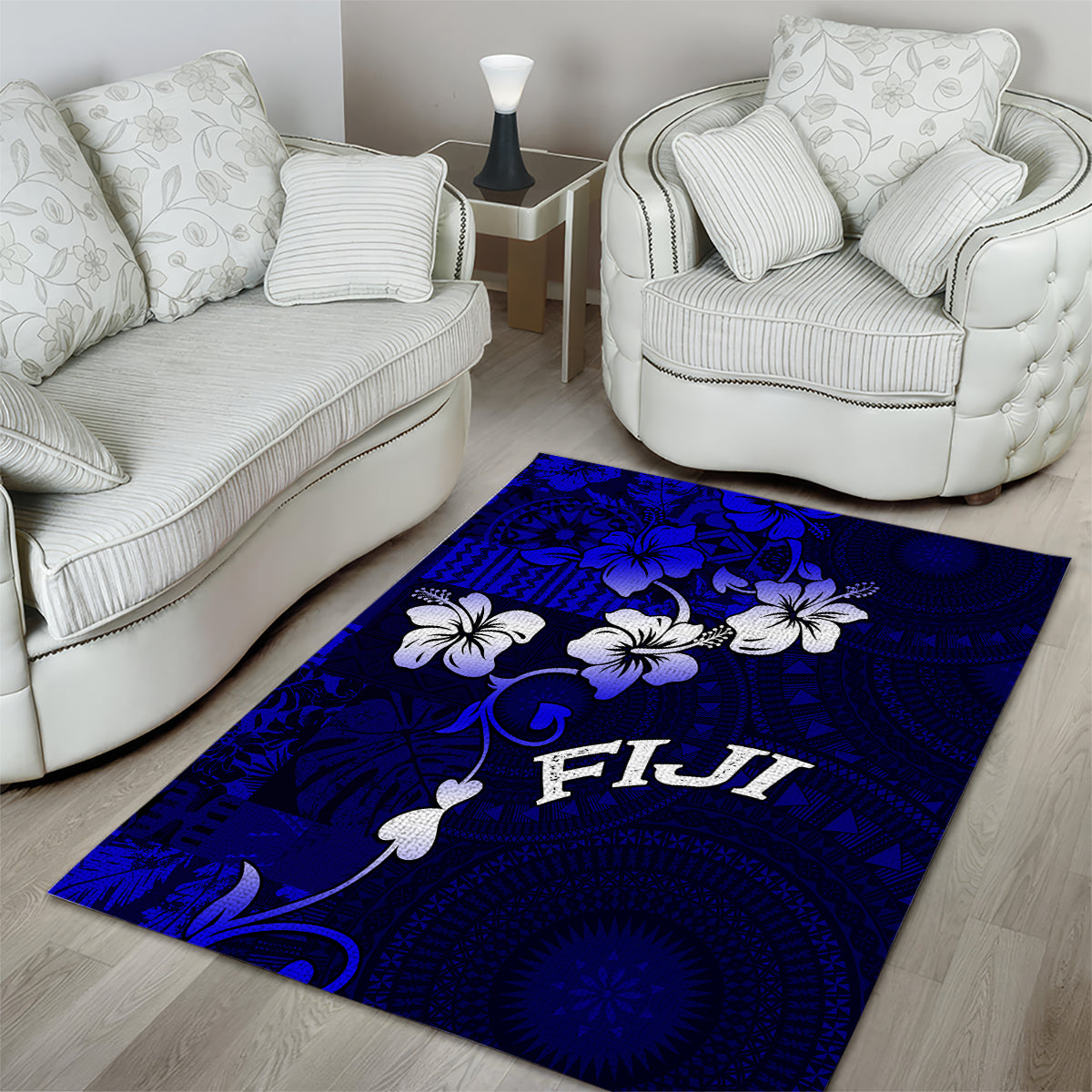 Fiji Masi Area Rug Fijian Hibiscus Navy Blue Gold Version LT01 - Polynesian Pride