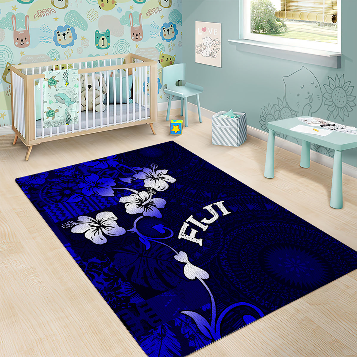 Fiji Masi Area Rug Fijian Hibiscus Navy Blue Gold Version LT01 - Polynesian Pride