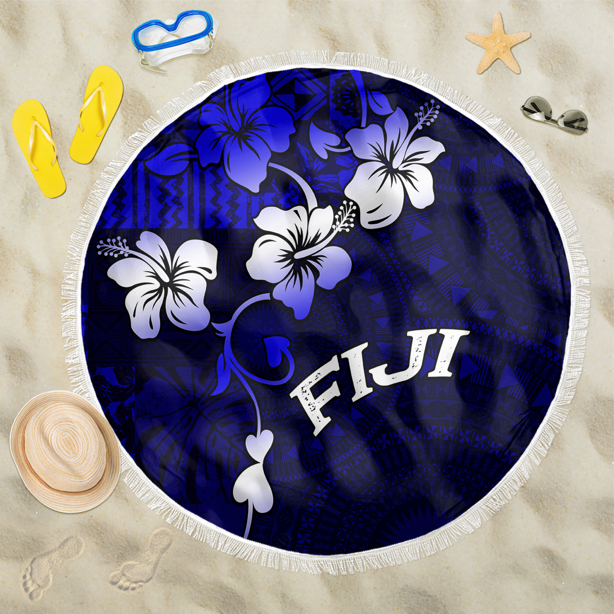 Fiji Masi Beach Blanket Fijian Hibiscus Navy Blue Gold Version LT01 One Size 150cm Blue - Polynesian Pride