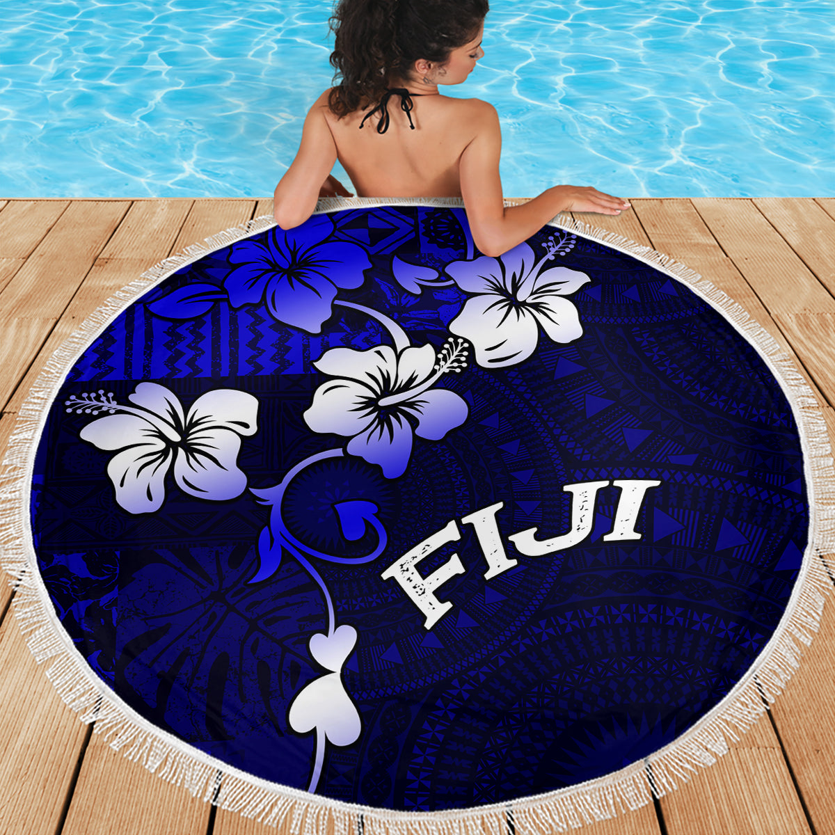 Fiji Masi Beach Blanket Fijian Hibiscus Navy Blue Gold Version LT01 - Polynesian Pride