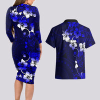 Fiji Masi Couples Matching Long Sleeve Bodycon Dress and Hawaiian Shirt Fijian Hibiscus Navy Blue Gold Version LT01 - Polynesian Pride