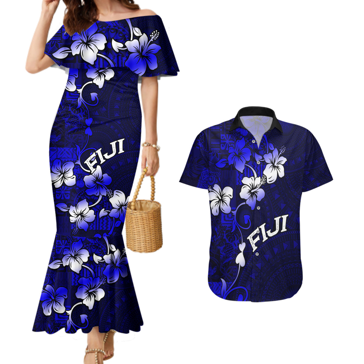 Fiji Masi Couples Matching Mermaid Dress and Hawaiian Shirt Fijian Hibiscus Navy Blue Gold Version LT01 Blue - Polynesian Pride