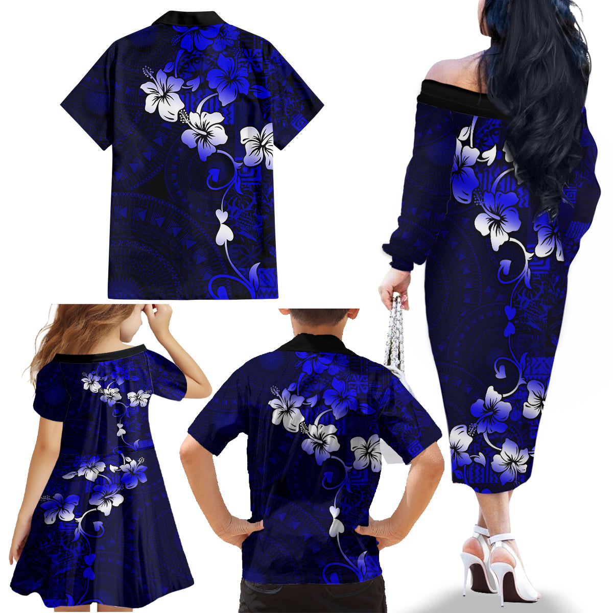 Fiji Masi Family Matching Off Shoulder Long Sleeve Dress and Hawaiian Shirt Fijian Hibiscus Navy Blue Gold Version LT01 - Polynesian Pride