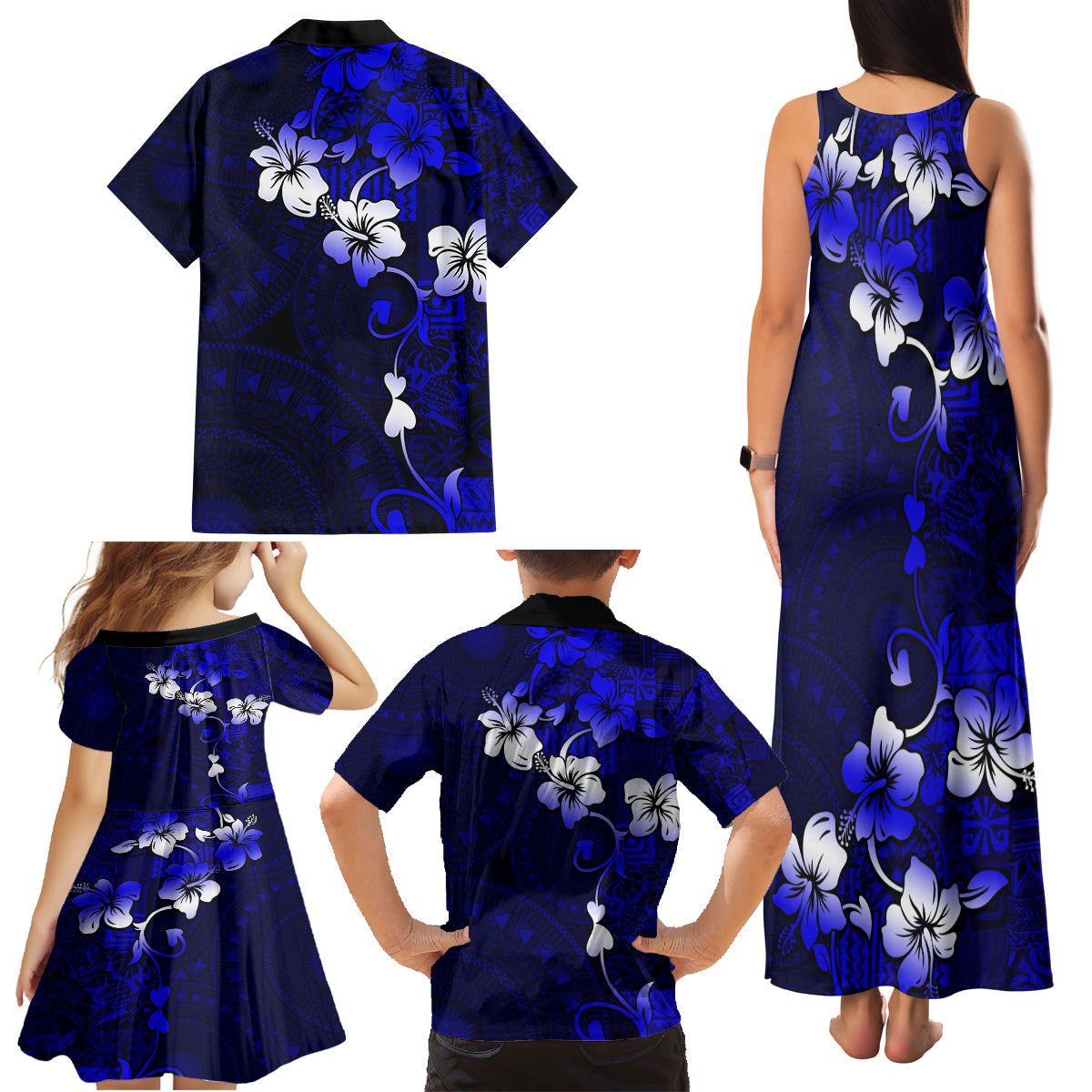 Fiji Masi Family Matching Tank Maxi Dress and Hawaiian Shirt Fijian Hibiscus Navy Blue Gold Version LT01 - Polynesian Pride
