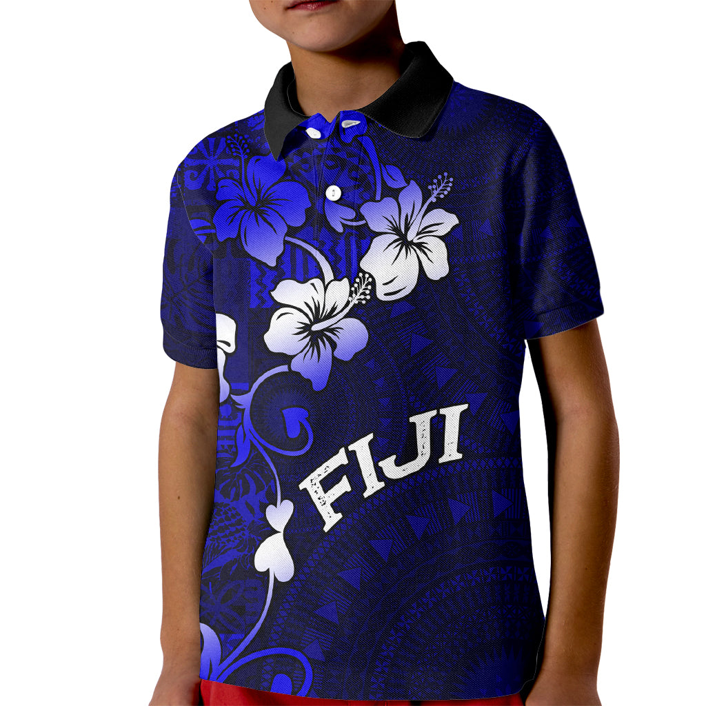 Fiji Masi Kid Polo Shirt Fijian Hibiscus Navy Blue Gold Version LT01 Kid Blue - Polynesian Pride