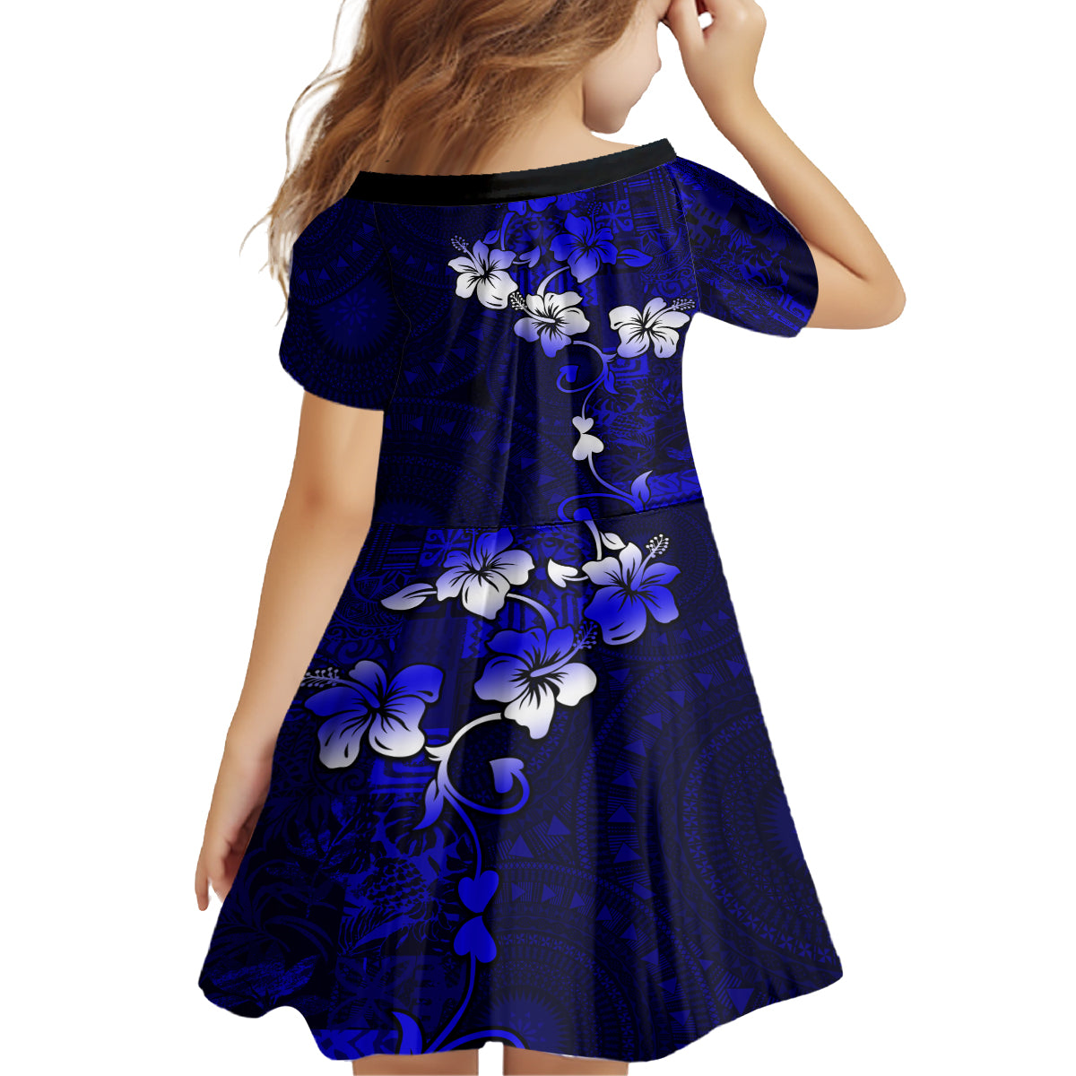Fiji Masi Kid Short Sleeve Dress Fijian Hibiscus Navy Blue Gold Version LT01 - Polynesian Pride