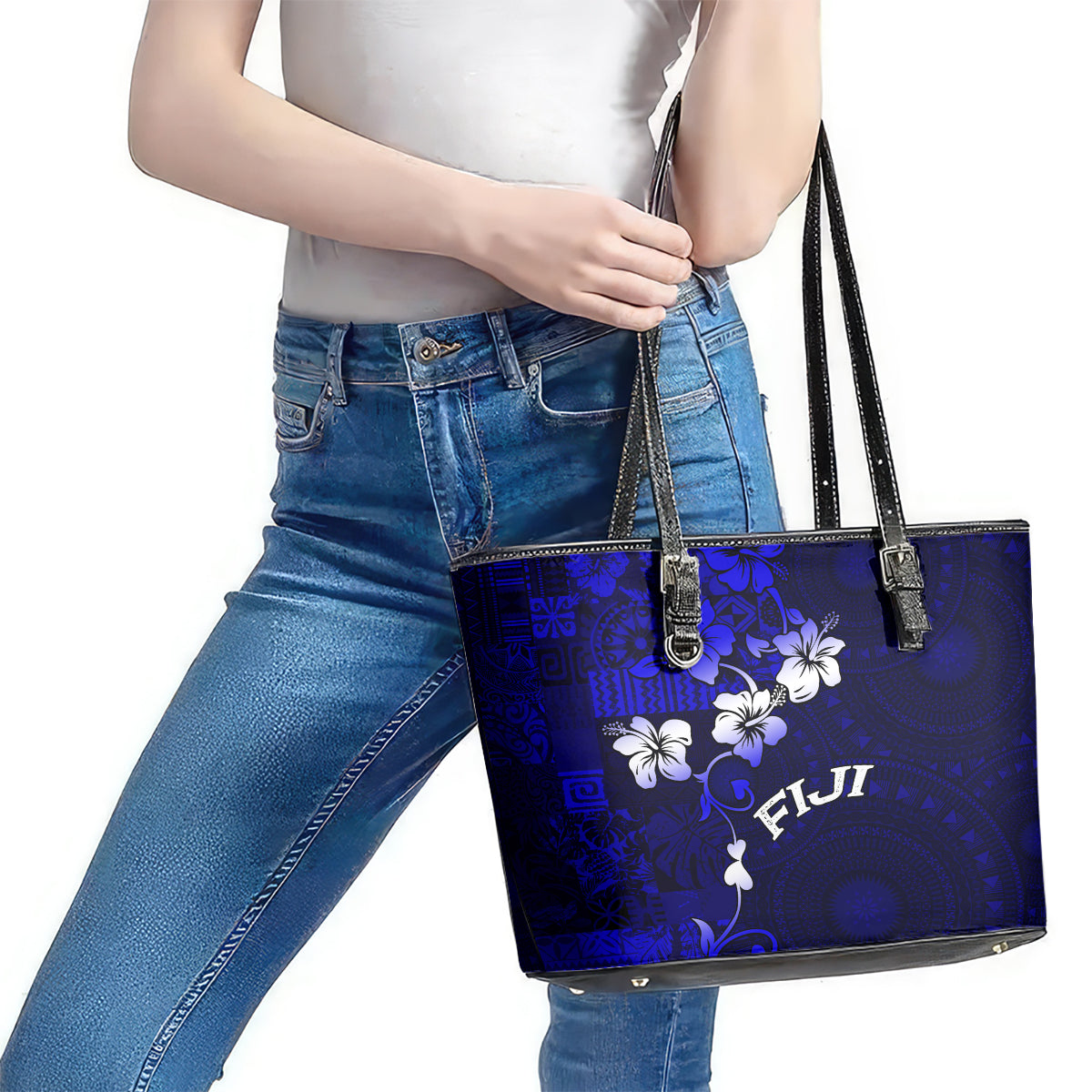 Fiji Masi Leather Tote Bag Fijian Hibiscus Navy Blue Gold Version LT01 - Polynesian Pride