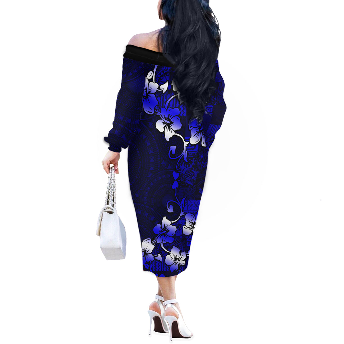 Fiji Masi Off The Shoulder Long Sleeve Dress Fijian Hibiscus Navy Blue Gold Version LT01 - Polynesian Pride
