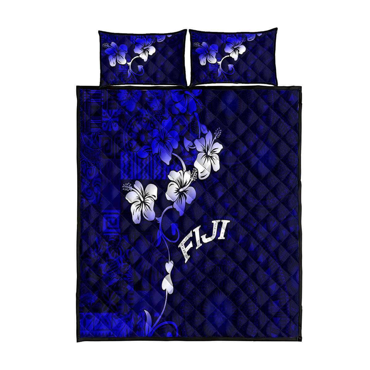 Fiji Masi Quilt Bed Set Fijian Hibiscus Navy Blue Gold Version LT01 Blue - Polynesian Pride