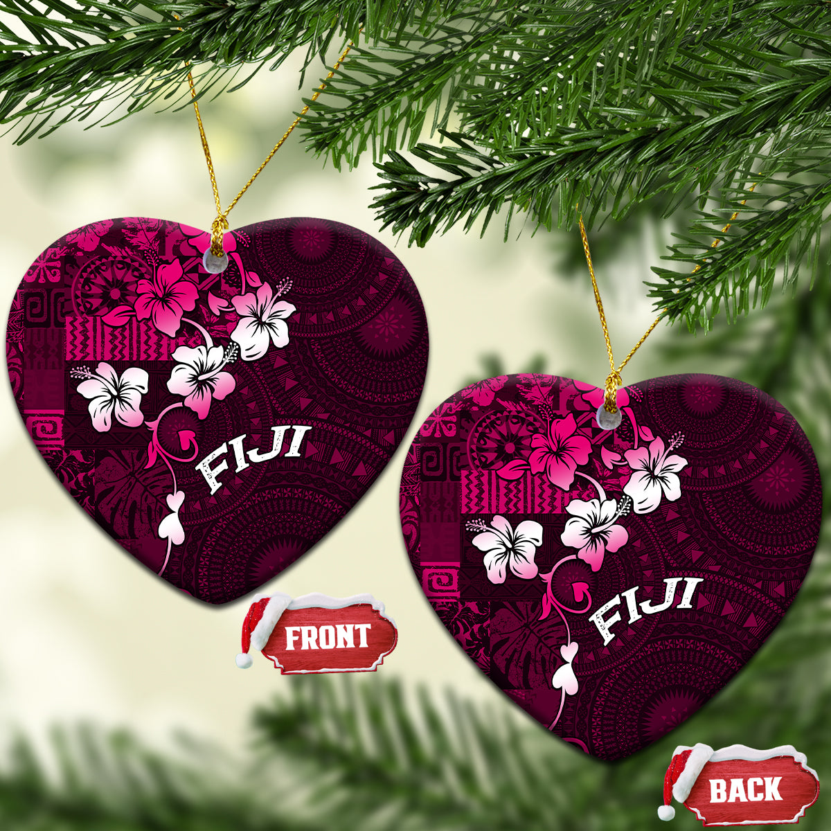 Fiji Masi Ceramic Ornament Fijian Hibiscus Tapa Pink Version LT01 Heart Pink - Polynesian Pride